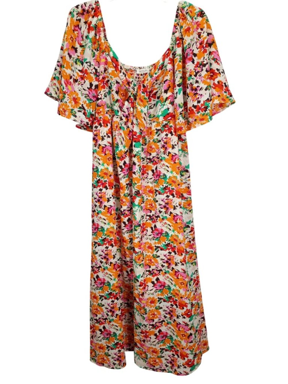 Floral Print Maxi Dress Flutter Sleeves Smocked Back & Bow Tie Chic Soul 1X